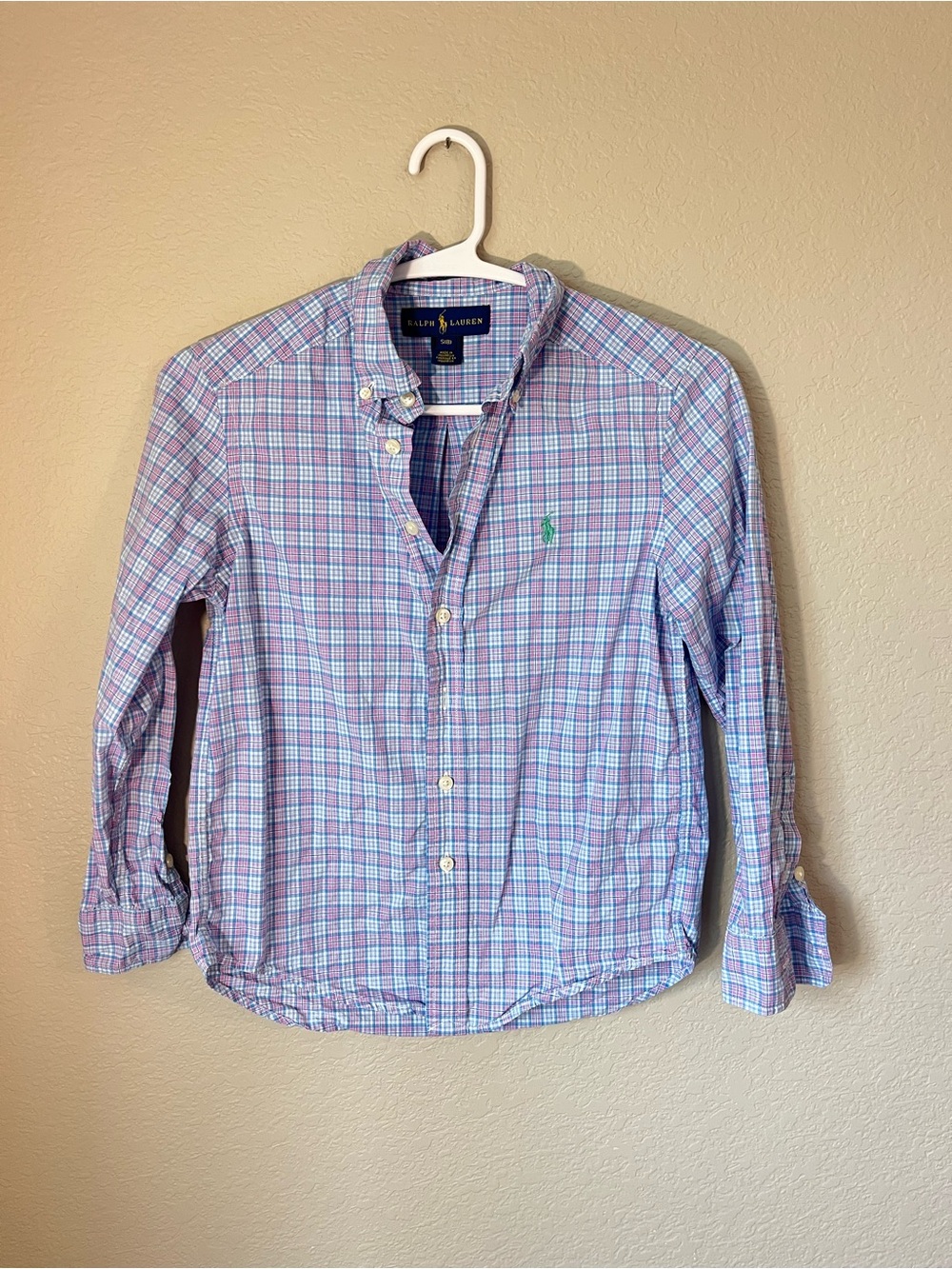 Ralph Lauren Boys 8 Blue Pink Plaid Cotton Button Down Shirt Preppy Fall